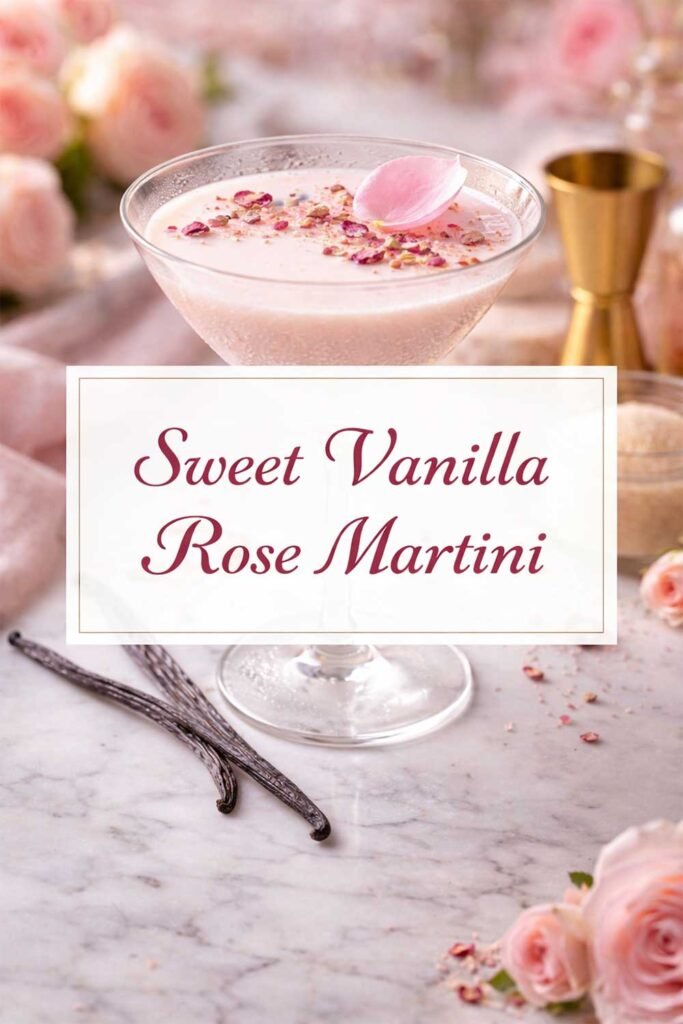 Sweet Vanilla Rose Martini poster with pink cocktail and centered title text box.