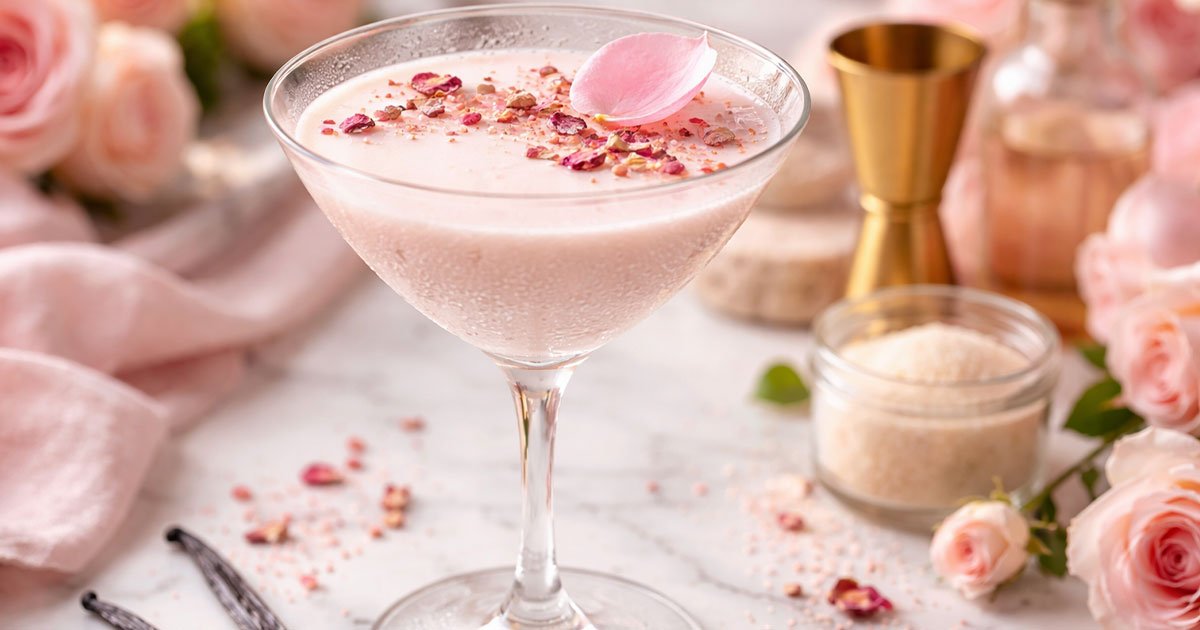 Pink vanilla rose martini in coupe glass with rose petal garnish on marble surface.
