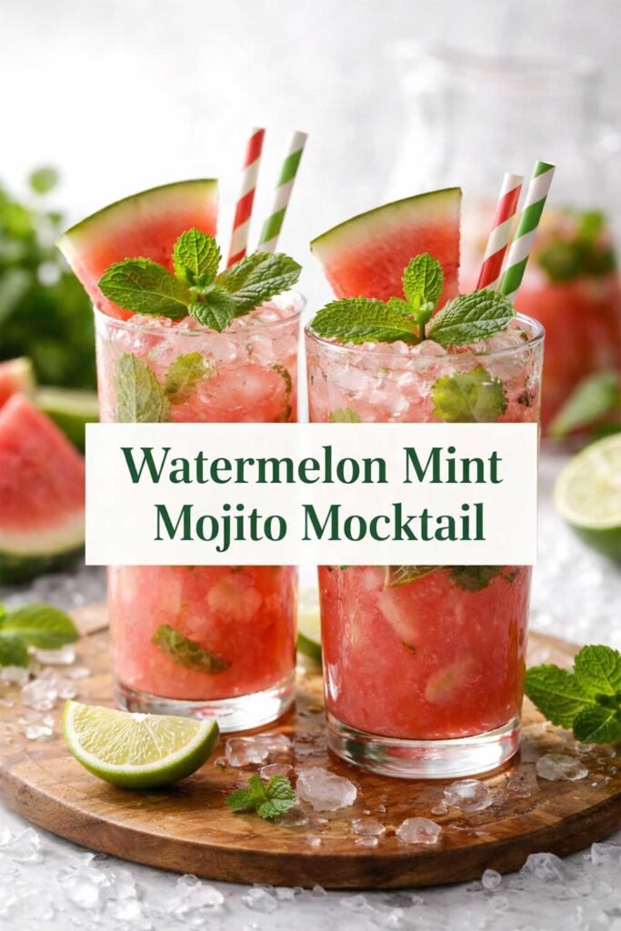 Watermelon mint mojito mocktail in glasses with ice, lime, and mint, title text overlay.