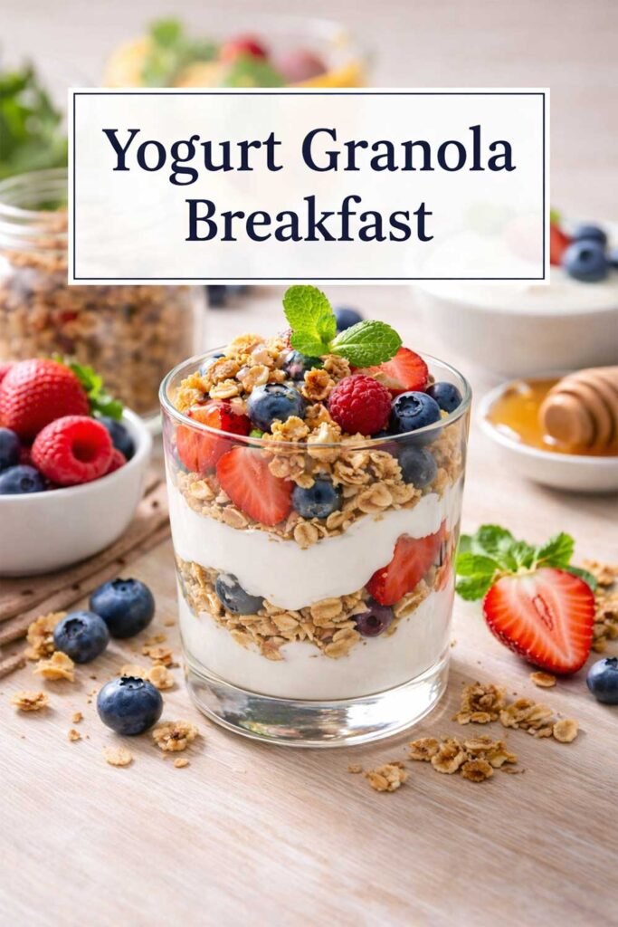 Yogurt granola breakfast parfait with berries in a glass, featuring a centered title box.