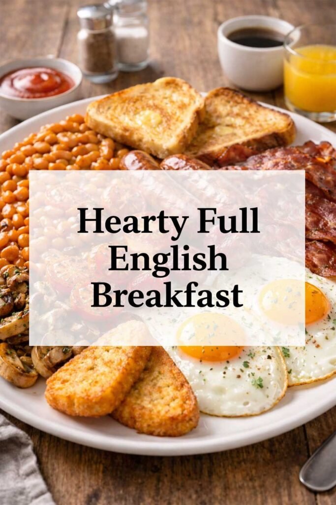 Full English breakfast with centered text box reading “Hearty Full English Breakfast.”