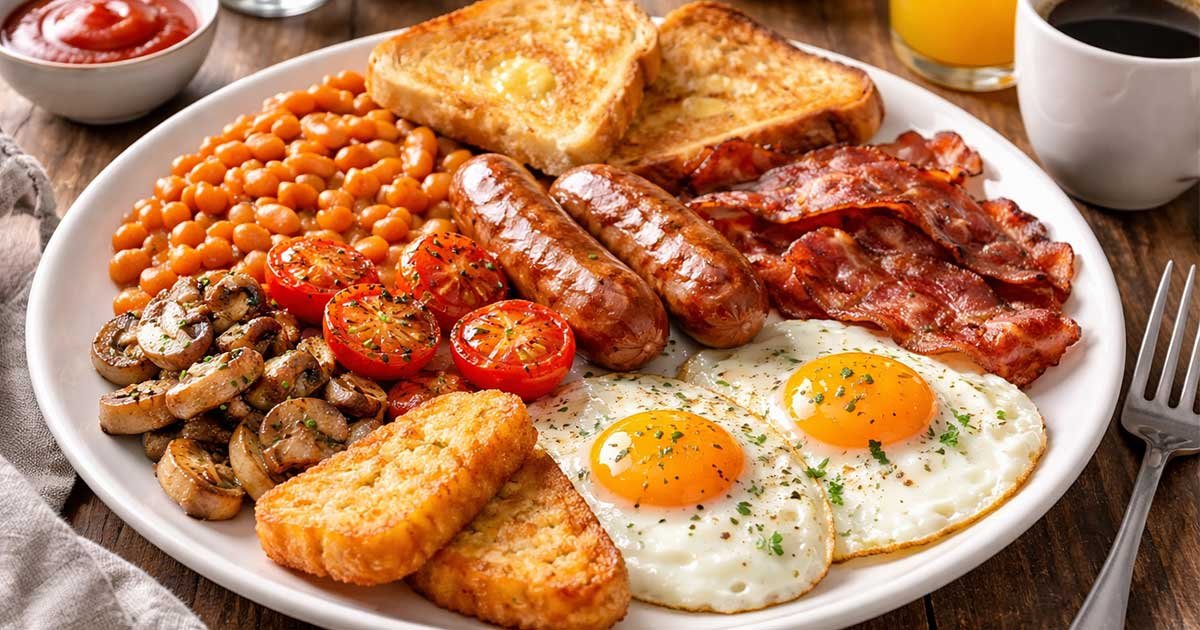 Full English breakfast with eggs, bacon, sausages, beans, toast, mushrooms, tomatoes, and hash browns.
