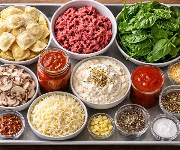 Tray filled with ingredients for crockpot ravioli lasagna including ravioli, beef, cheeses, spinach, mushrooms, and sauces