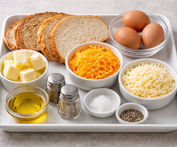 Tray with bread slices, eggs, shredded cheese, butter, oil, salt, and pepper neatly arranged.