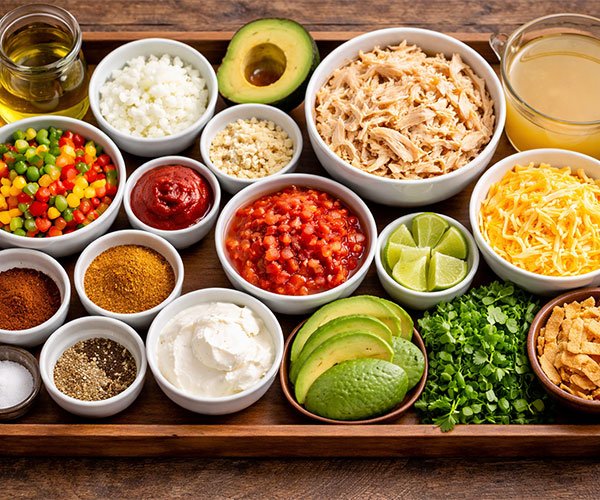 Tray of keto chicken tortilla soup ingredients including chicken, avocado, cheese, spices, broth, and vegetables.