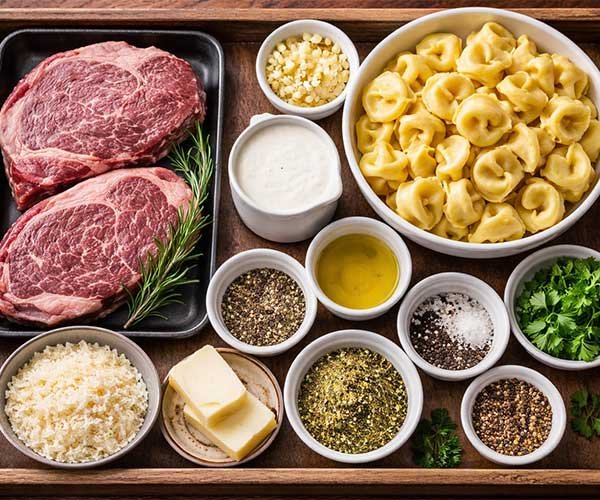 Ingredients for creamy garlic steak tortellini arranged neatly on a wooden tray.
