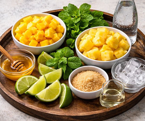 Tray with mango, pineapple, mint, lime, sugar, ice, and soda ingredients.