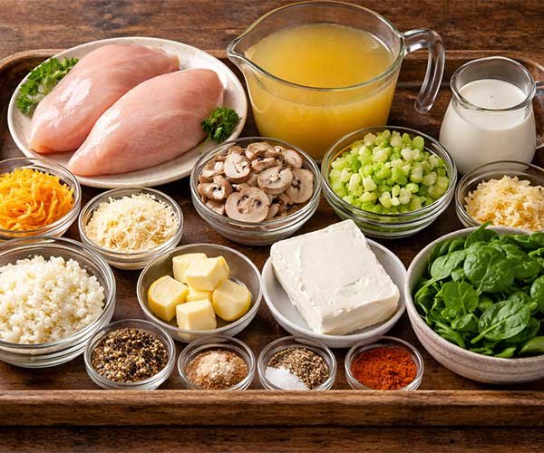 Tray of ingredients for keto chicken cream cheese soup including chicken, spinach, cream cheese, broth, and seasonings.