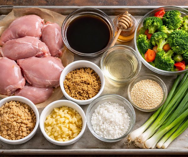 Tray of teriyaki chicken ingredients including raw chicken, soy sauce, honey, garlic, ginger, cornstarch, sesame seeds, green onions, and broccoli.