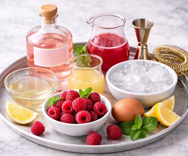 Tray with raspberry gin sour ingredients including gin, lemon juice, raspberries, egg, syrup, and ice.