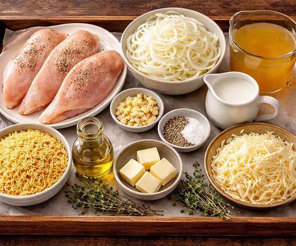 Tray with raw chicken, sliced onions, orzo pasta, cheese, broth, cream, butter, olive oil, garlic, and thyme.