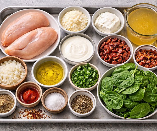 All ingredients for Marry Me Chicken Soup arranged on a tray, including chicken, spinach, cream, cheese, and spices.