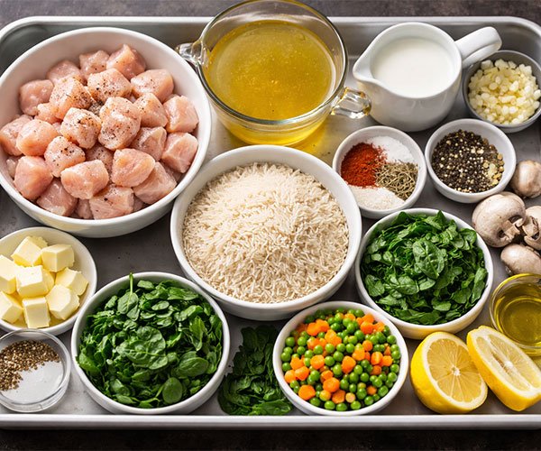 Tray with raw chicken, rice, broth, milk, butter, garlic, onion, spices, and vegetables neatly arranged.