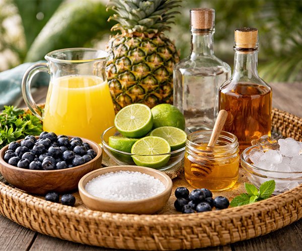 Tray with pineapple juice, blueberries, lime, tequila, honey, and ice
