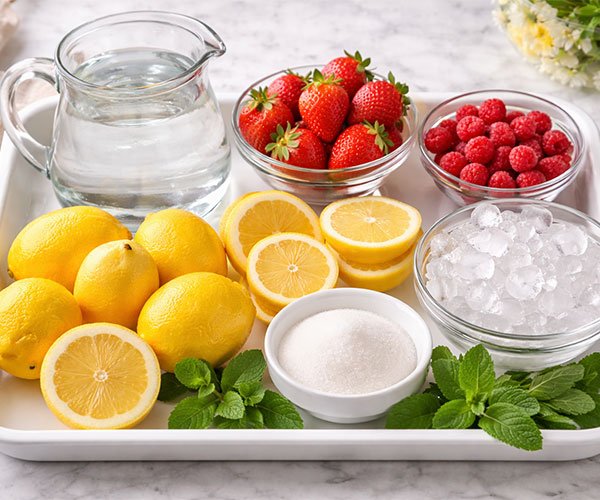 Tray with fresh lemons, strawberries, raspberries, sugar, water pitcher, ice cubes, and mint leaves arranged neatly.