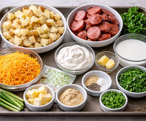 Ingredients for ranch potatoes with smoked sausage arranged on a tray.