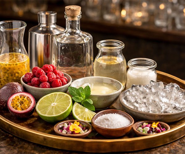 Tray with tequila, passionfruit, raspberries, lime, syrup, ice, and garnish ingredients.