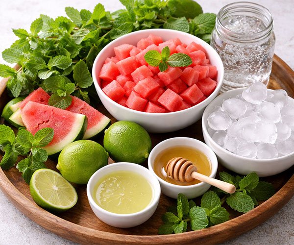 Watermelon mojito ingredients on tray including watermelon cubes, mint, lime, honey, soda water, and ice.