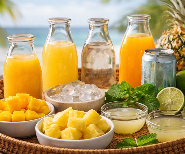 Tropical drink ingredients on a tray with mango, pineapple, juices, rum, lime, mint, and ice.
