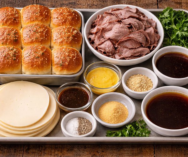 Ingredients for cheesy French dip sliders arranged on a tray including rolls, roast beef, provolone, butter, broth, and seasonings.