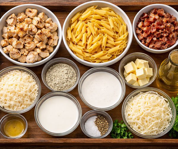 Ingredients for chicken bacon ranch pasta arranged neatly on a wooden tray.