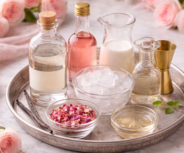 Ingredients for Vanilla Rose Martini arranged on tray with vodka, rose syrup, cream, ice, and dried rose petals.