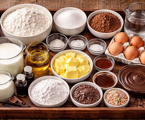 Baking ingredients on a tray including flour, cocoa powder, sugar, eggs, butter, milk, and chocolate.