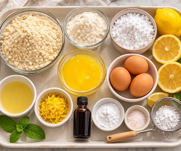 Keto lemon bar ingredients neatly arranged on a tray including almond flour, coconut flour, eggs, butter, lemon juice, zest, and sweetener.
