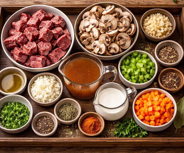 Tray of keto soup ingredients including beef cubes, sliced mushrooms, broth, cream, vegetables, and spices neatly arranged.