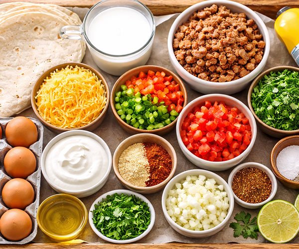 All ingredients for breakfast enchiladas arranged neatly on a tray, including tortillas, eggs, milk, sausage, cheese, diced vegetables, spices, sour cream, and cilantro.