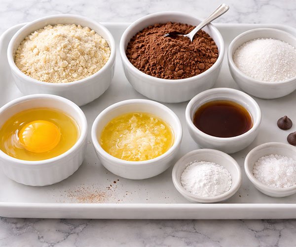 Keto baking ingredients arranged in small bowls on a white tray.