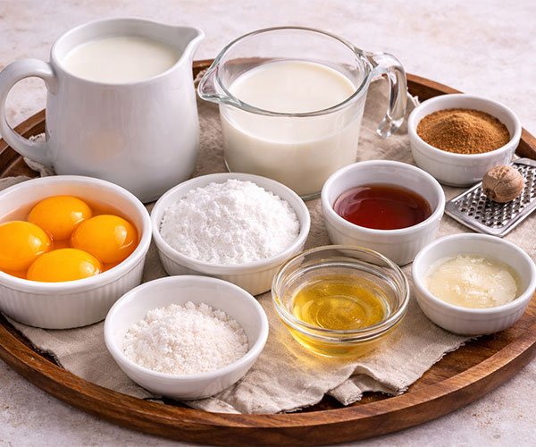Ingredients for Easy Keto Custard arranged on a tray including cream, almond milk, egg yolks, sweetener, and vanilla.