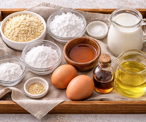 Keto baking ingredients including almond flour, coconut flour, eggs, almond milk, erythritol, and oil arranged on a tray.