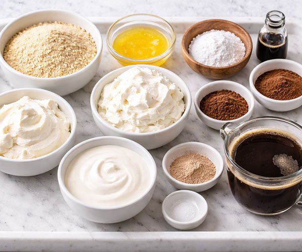 Keto tiramisu ingredients arranged on a tray, including almond flour, mascarpone, cream cheese, butter, coffee, cocoa powder, and sweetener.
