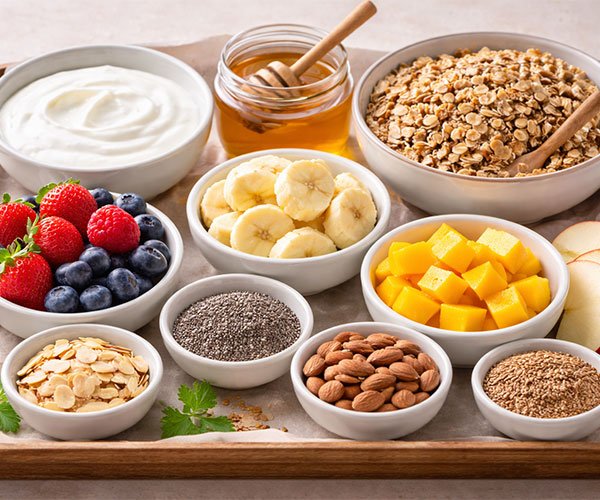 Tray of yogurt granola breakfast ingredients including yogurt, granola, fresh fruits, honey, almonds, chia seeds, and flaxseeds.