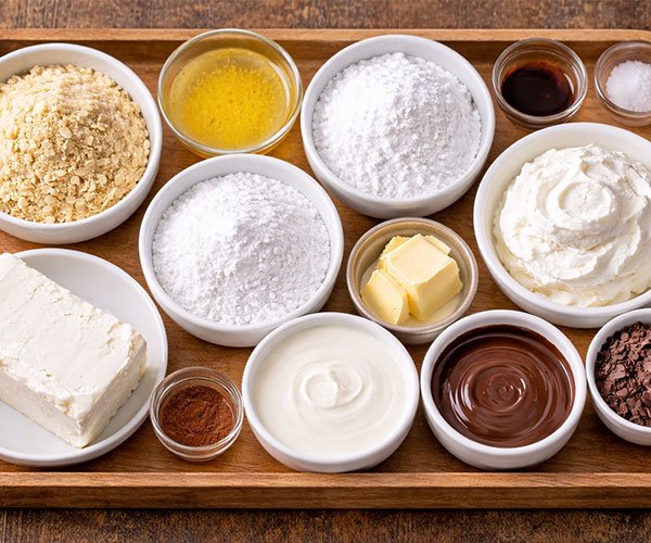 Keto dessert ingredients neatly arranged in small bowls on a wooden tray, including almond flour, butter, cream cheese, cocoa, and chocolate.