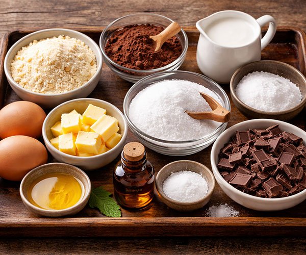 Keto lava cake ingredients arranged on a wooden tray.