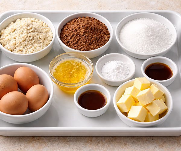 Keto baking ingredients including almond flour, cocoa powder, sweetener, eggs, butter, vanilla, and baking powder arranged on a tray.