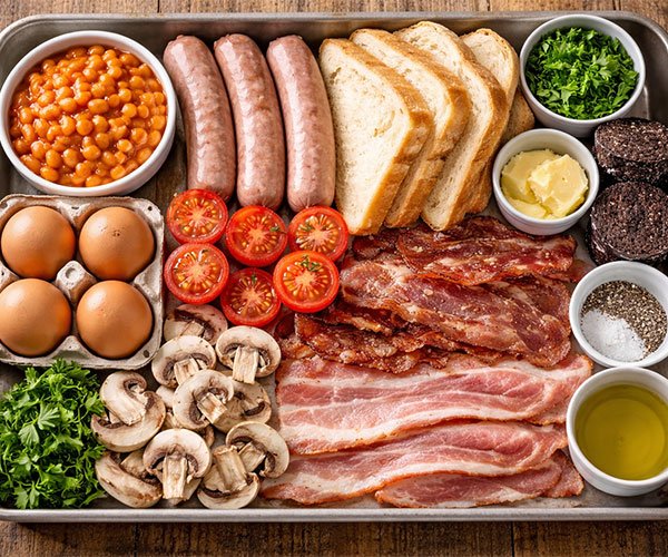 Tray with ingredients for Full English breakfast including eggs, sausages, bacon, bread, beans, tomatoes, mushrooms, butter, oil, and parsley.