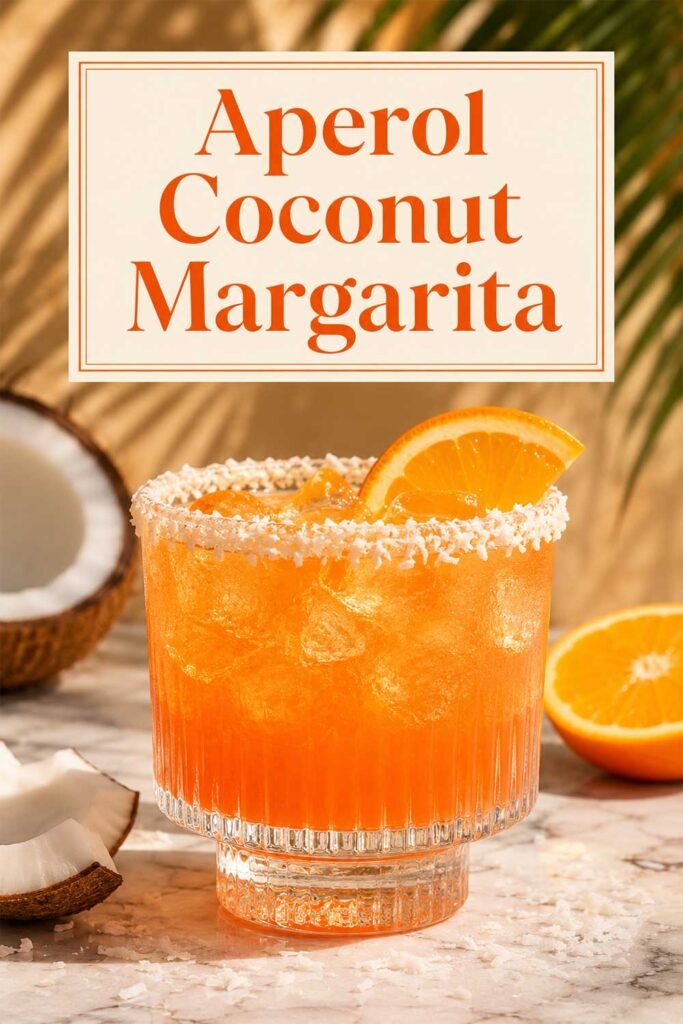 Refreshing Aperol Coconut Margarita with orange garnish and coconut rim in a tropical setting.