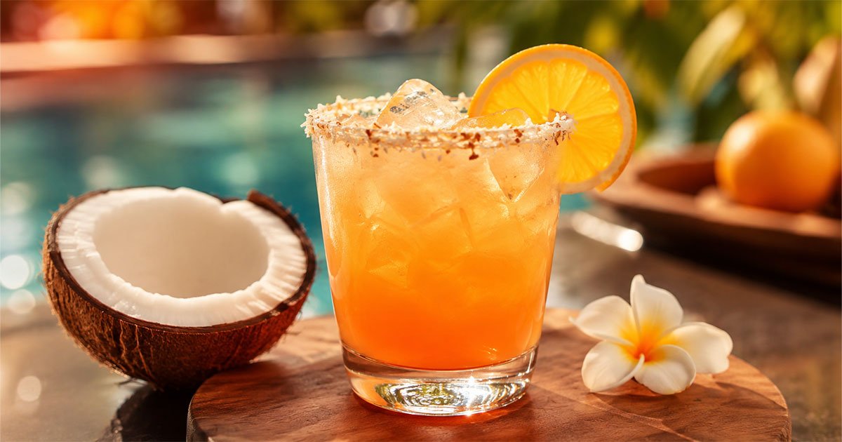 Tropical Aperol coconut margarita with orange garnish, coconut shell, and flower by the pool.
