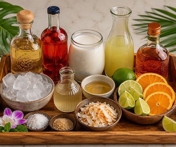 Tray filled with tropical cocktail ingredients including tequila, Aperol, coconut cream, citrus slices, ice, and toasted coconut.