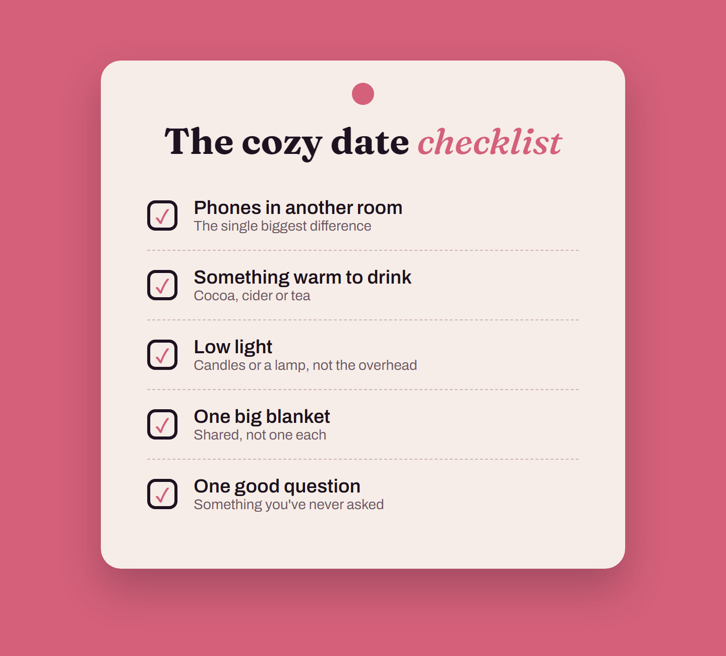 Cozy fall date night checklist for couples: phones away, warm drinks, candles, a blanket and one good question