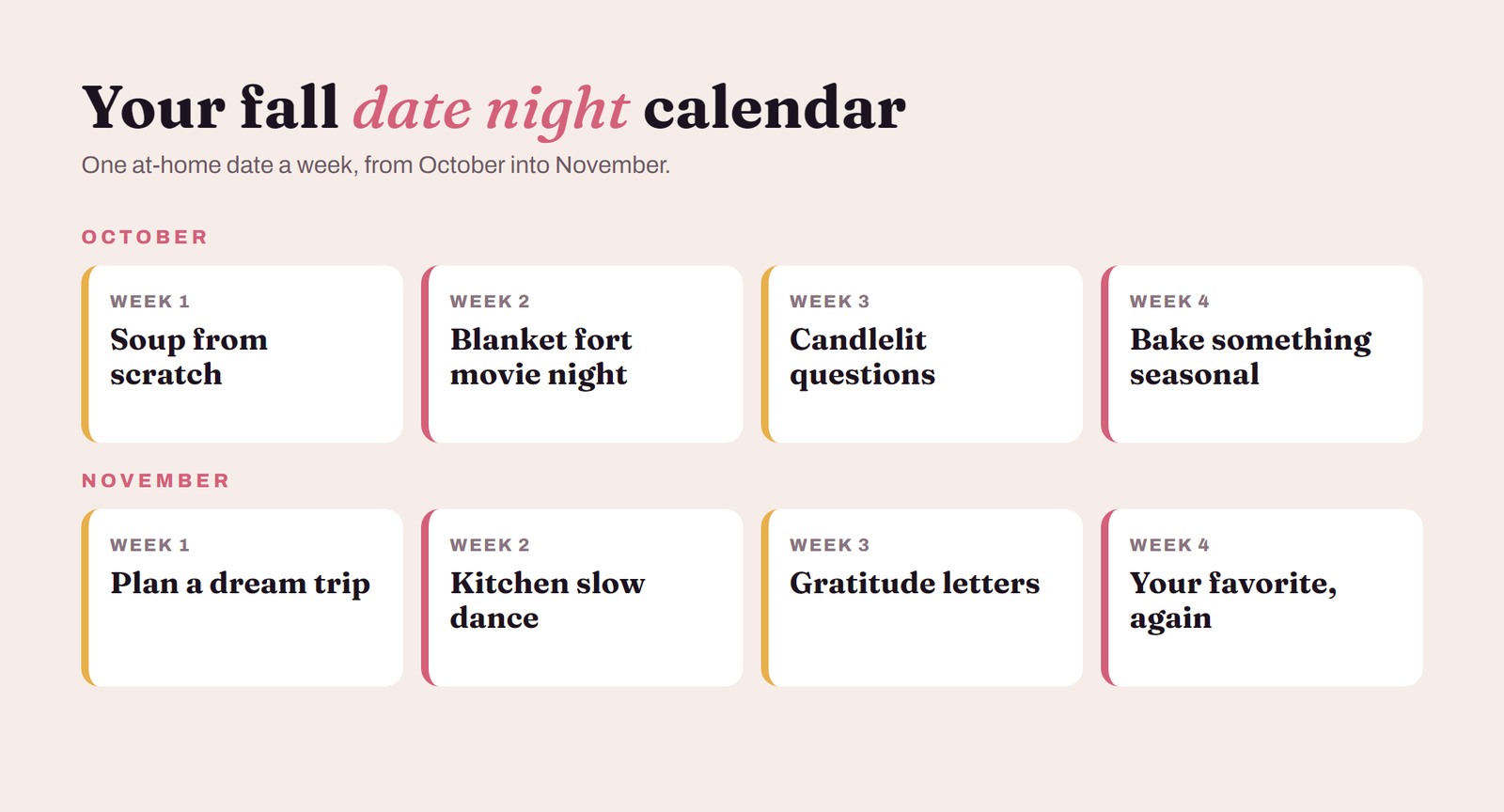 Fall date night calendar for couples with one cozy at-home date idea for each week of October and November