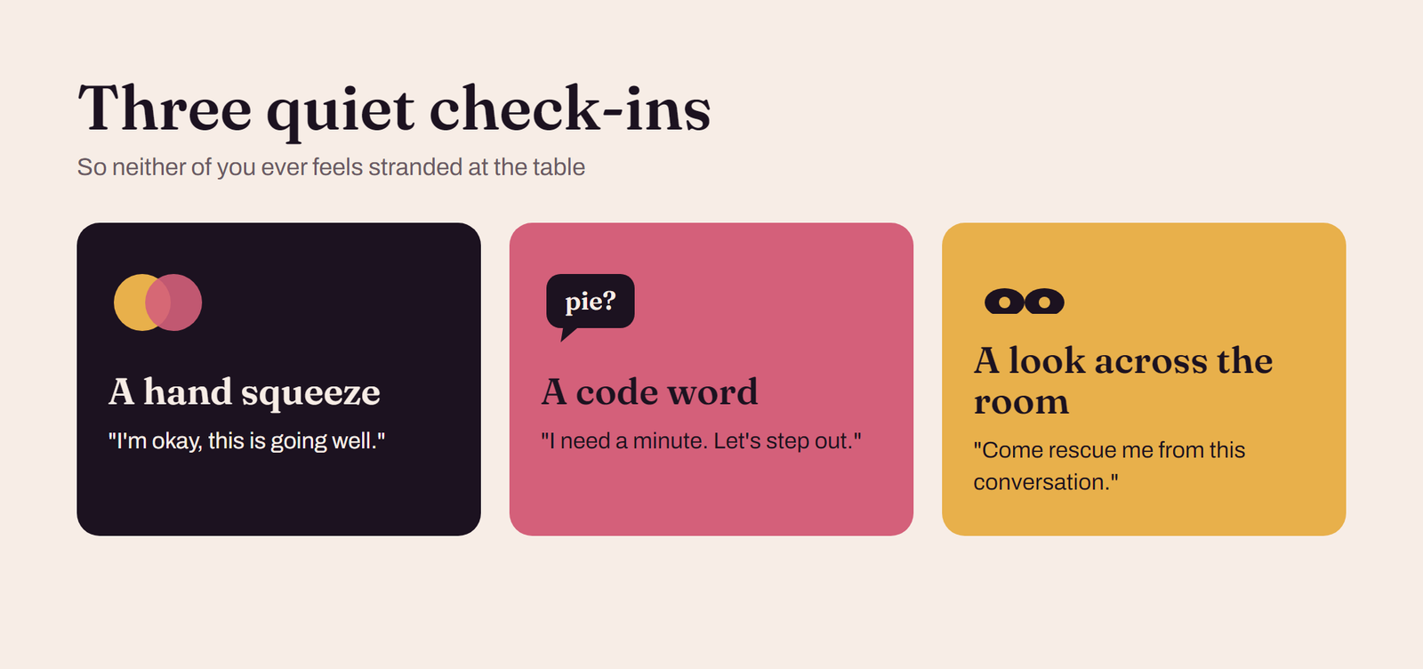 Simple check-in signals for couples at family holidays: a hand squeeze for I'm okay, a code word for I need a minute, and a look across the room for come rescue me
